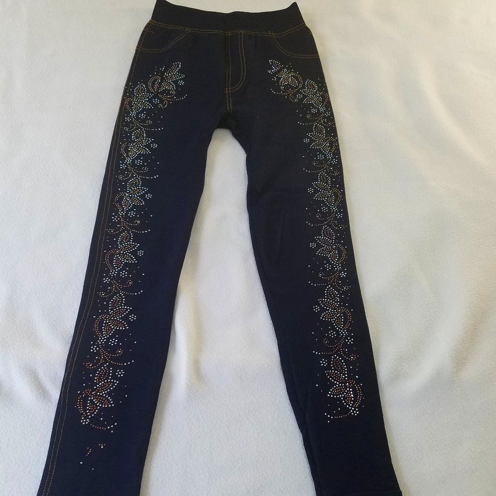 Blue and Golden Sequins Beaded Size Women Small Navy Blue Leggings NWOT